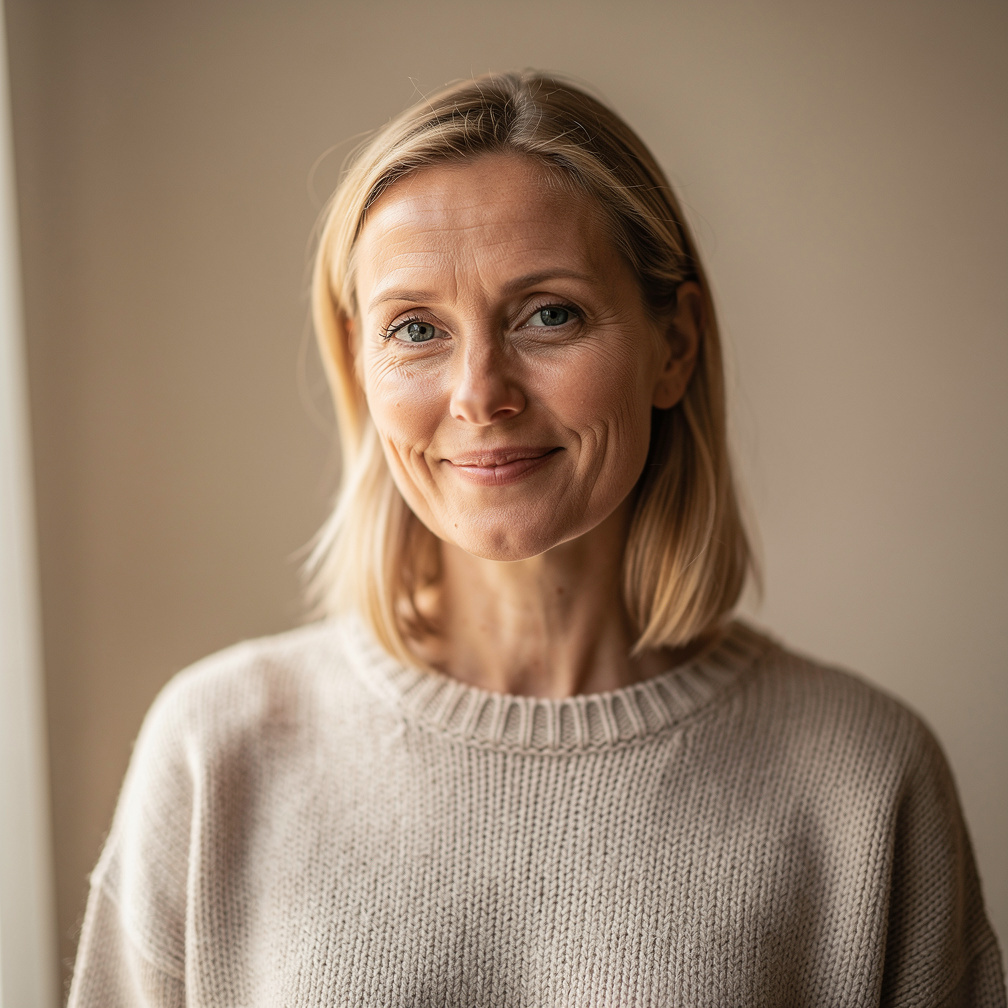 Studio portrait of a smiling Danish woman in her thirties