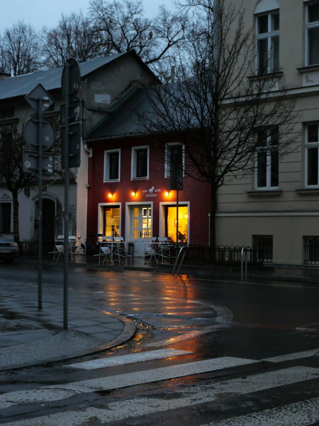 Cozy corner cafe exterior on a quiet street